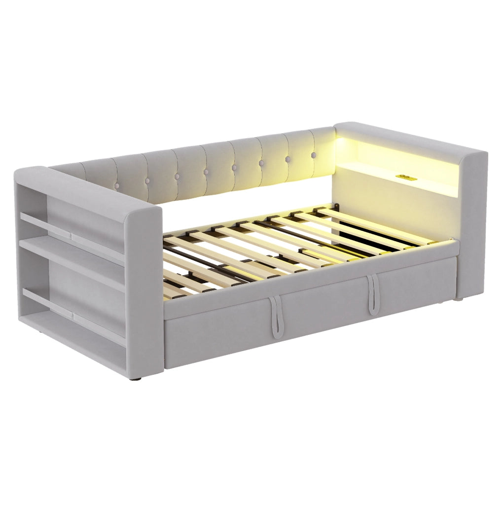 Letto multifunzione imbottito con LED, prese e spazio contenitivo