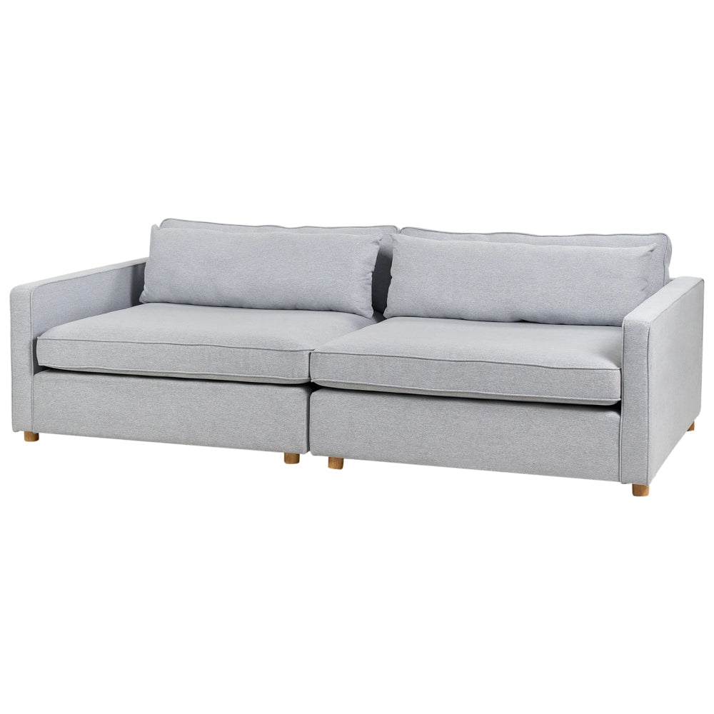 Divano in tessuto grigio 3 posti con braccioli e gambe in legno stile moderno