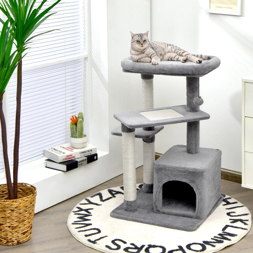 Albero per gatti a 4 piani con tiragraffi e pallina di peluche, Torre per gatti con piattaforma per saltare Grigio