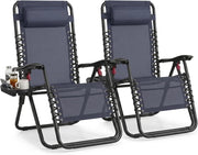 SONGMICS Set da 2 Sedie a Sdraio Pieghevoli, Poltrone a Gravità Zero, Lettini Prendisole Portata 110 kg per Sedia, Poggiatesta Regolabile, Vassoio, per Terrazza e Giardino, Blu Scuro GLB032QZ02