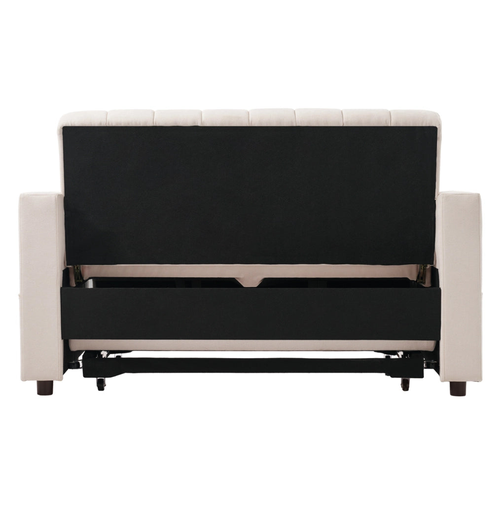 Divano letto 2 posti beige multifunzione con schienale regolabile, portabevande e tasche laterali