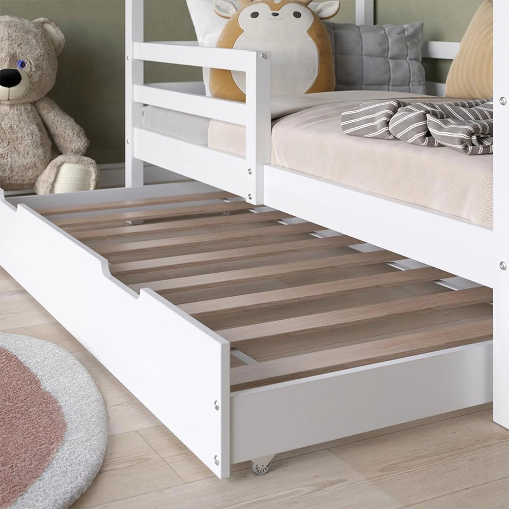 Letto montessori bambini Luni, Bianco, 160 x 80 cm con letto ospite estraibile, come una piccola casa per un'atmosfera calda