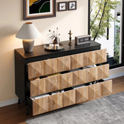 Credenza a 6 cassetti con frontali rialzati, struttura in MDF e pannello truciolare, nero e naturale 120 × 40 × 85 cm