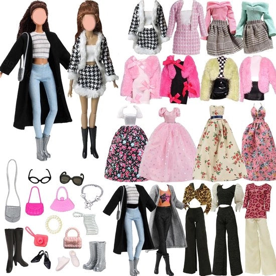 Abbigliamento per bambola 24 pezzi - 11,5 cm Bambola - Abito a fiori - Cappotto nero/Impermeabile - Scarpe/Costola/Borse/Accessori - Materiali sicuri - Outfit per bambola