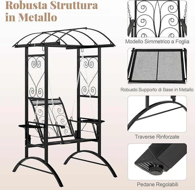 Sedia Sospesa da Esterno, Sedia a Dondolo Singola con Cuscini Removibili e Tavolini Laterali, Portata 160 kg, Altalena con Supporto e 2 Grigliati per Adulti per Giardino, Balcone e Cortile