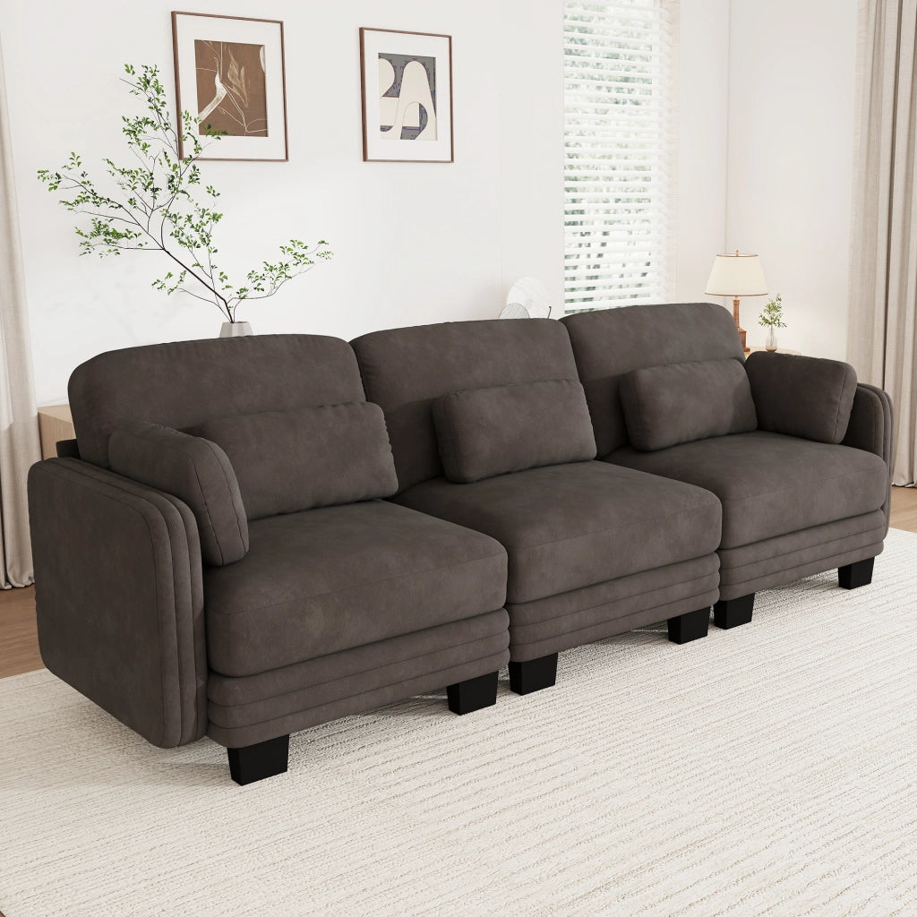 Divano lineare modulare 3 posti 253x88x88cm con cuscini lombari e per braccioli; seduta confortevole e sostenuta; chenille marrone