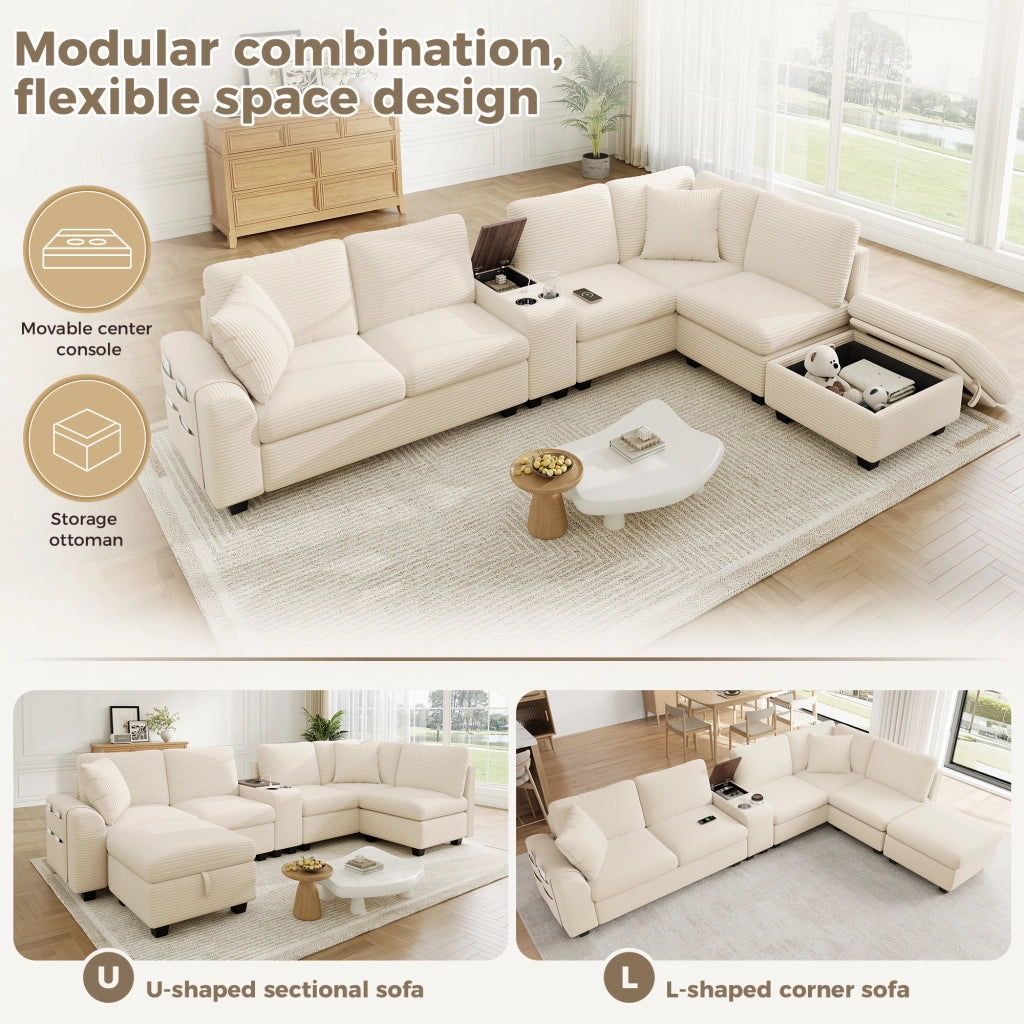 Divano angolare modulare 6 posti con pouf contenitore console mobile e porte usb type c in tessuto beige