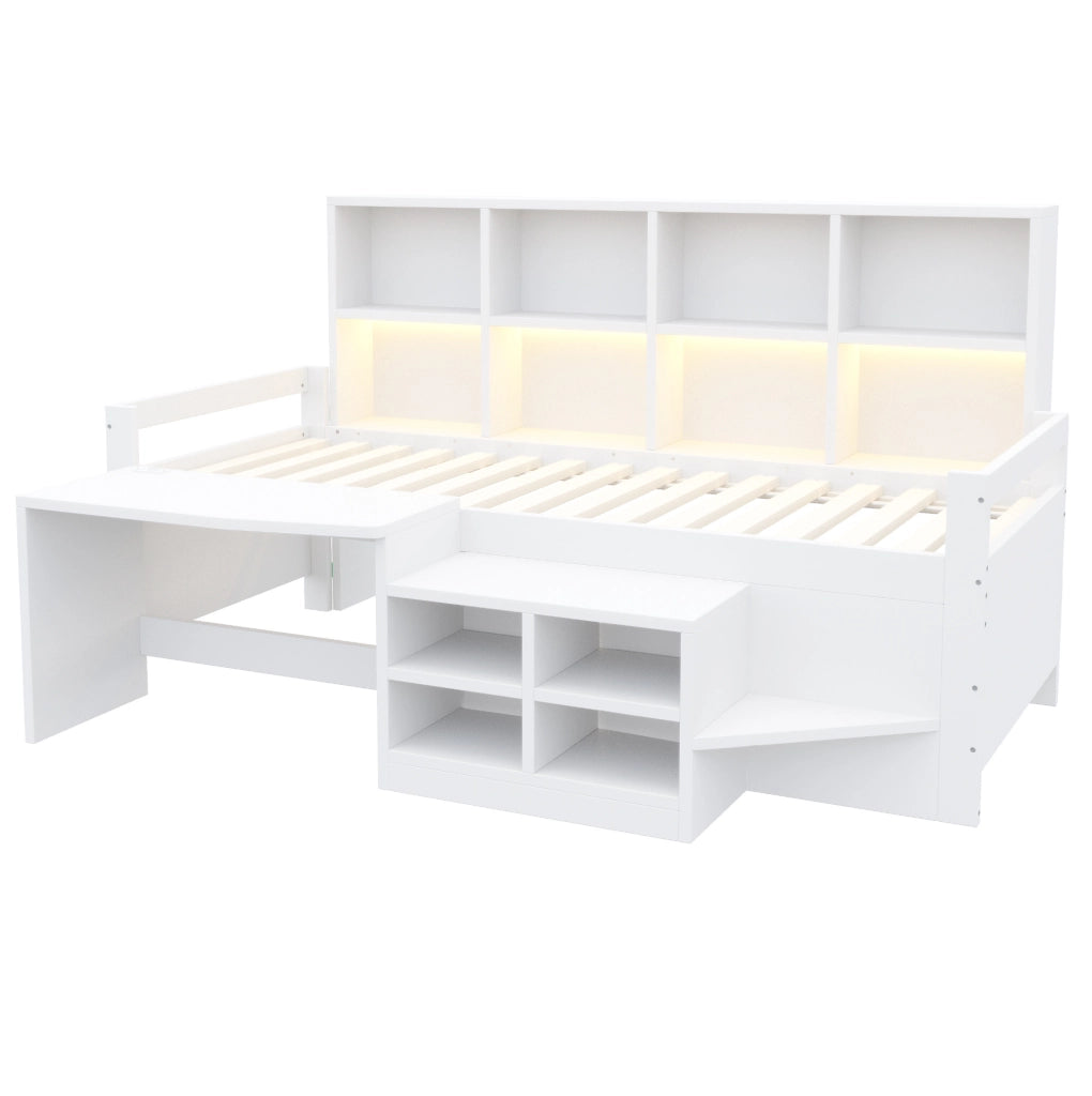 Letto a soppalco 90x200 cm con scrivania; vani portaoggetti e LED in legno bianco