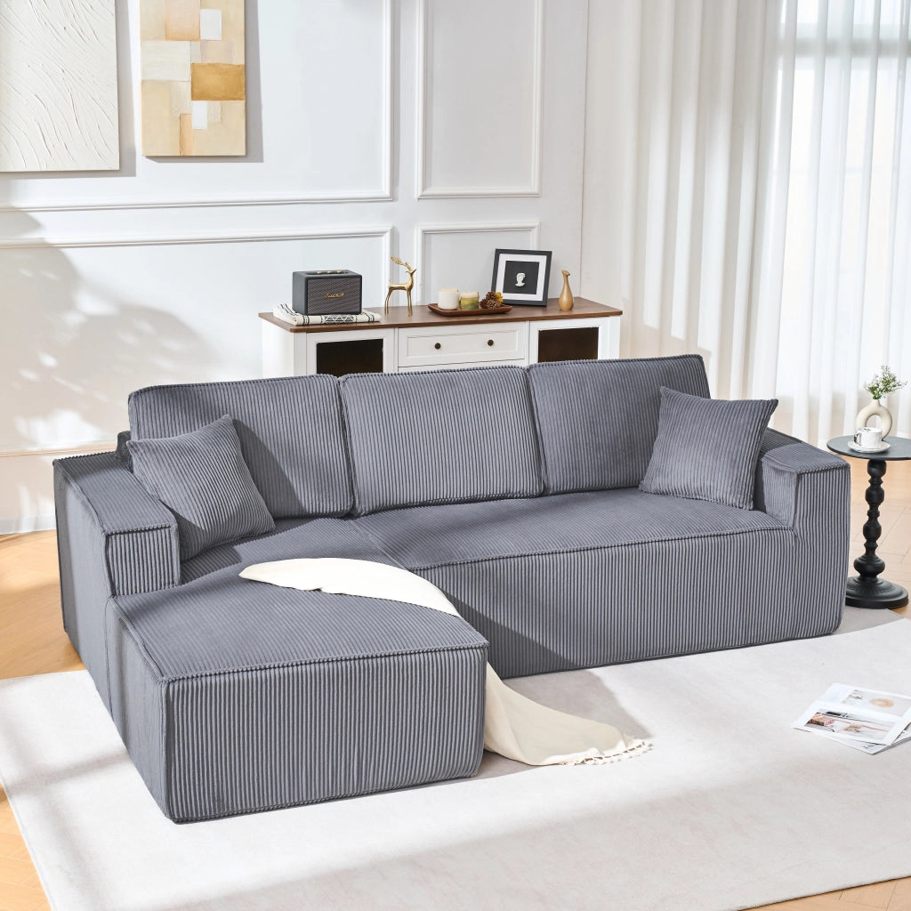 Divano angolare convertibile 2 posti con chaise longue, schiuma ad alta densità, in velluto a coste, Grigio
