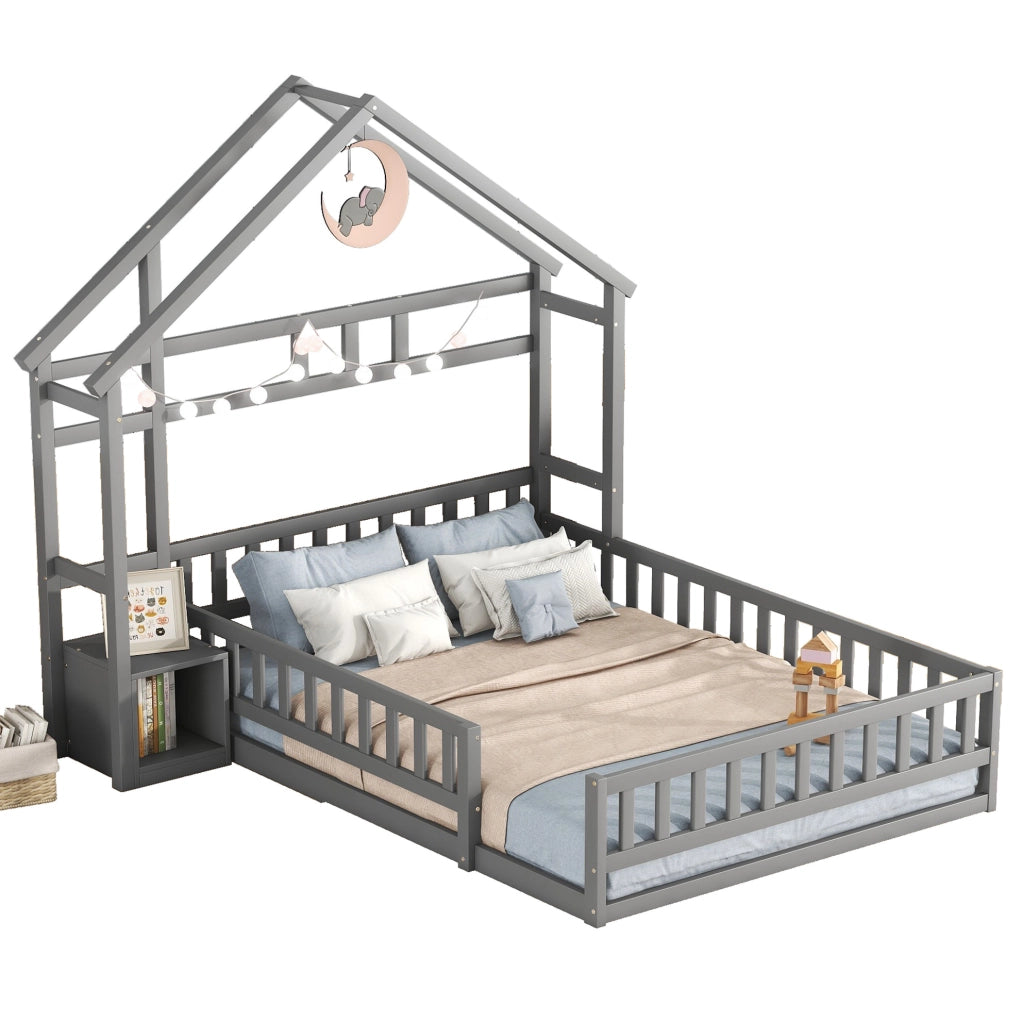 Letto casetta 140x200 cm con sponda; comodino; legno di pino; grigio