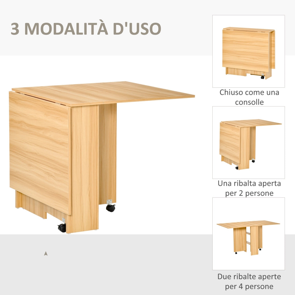 Tavolo Pieghevole con Ruote, Tavolo da Pranzo di Design, Richiudibile Salvaspazio, Design Moderno, con Ruote, Ripiani Portaoggetti, 140 ¡Á 80 ¡Á 74cm, Legno
