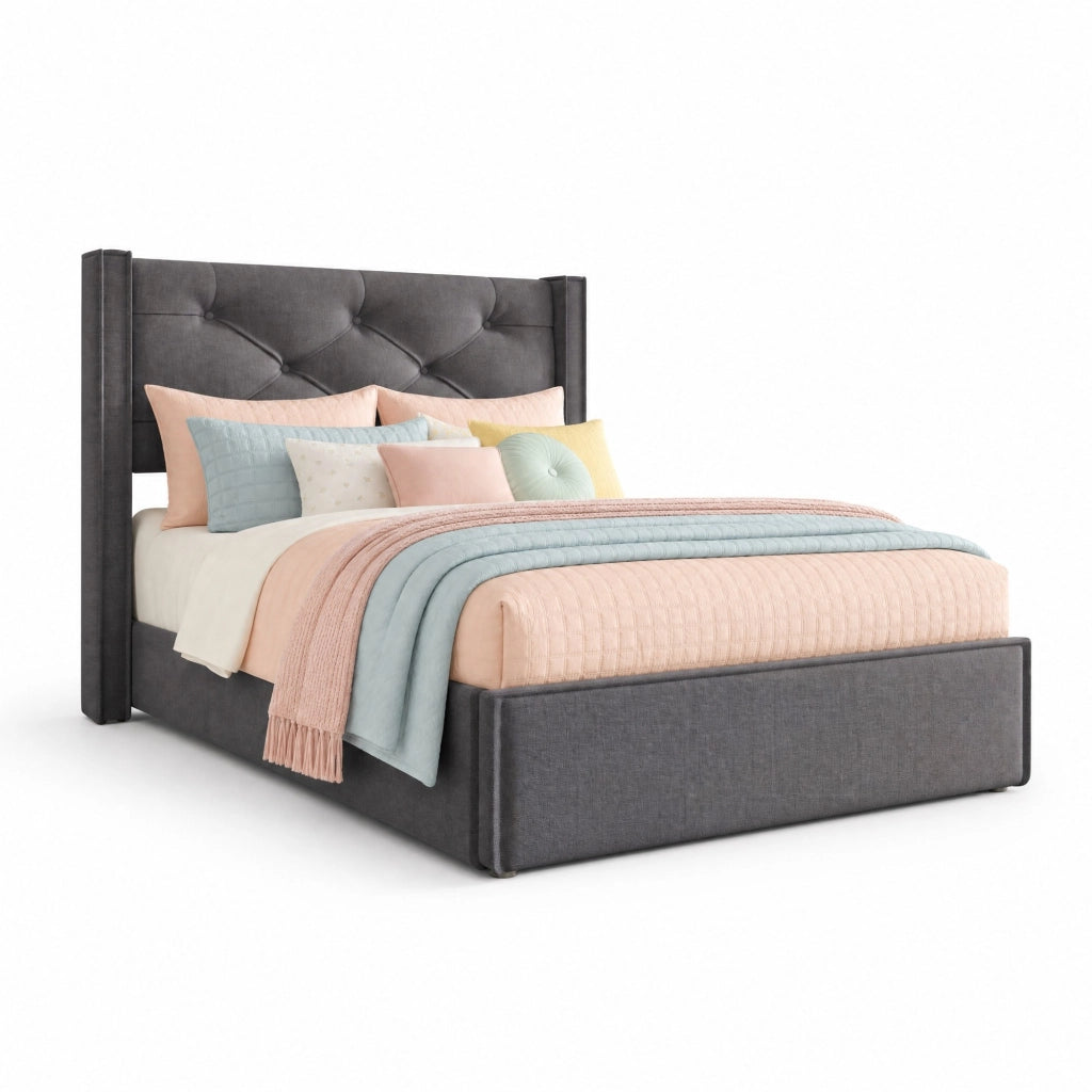 Letto singolo imbottito 90x200 cm con contenitore; sollevamento idraulico; grigio