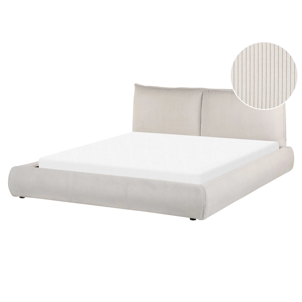 Letto matrimoniale imbottito in velluto a coste beige 160 x 200 cm con rete a doghe e spessa testata imbottita
