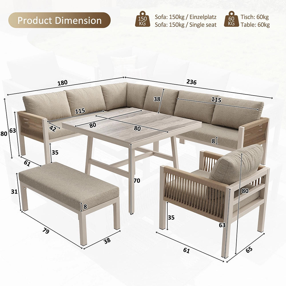 Set da giardino a L in vimini intrecciato a mano - Xylo - Fino a 8 posti, struttura in ferro robusta, cuscini beige, tavolo in vetro effetto legno e poltrona
