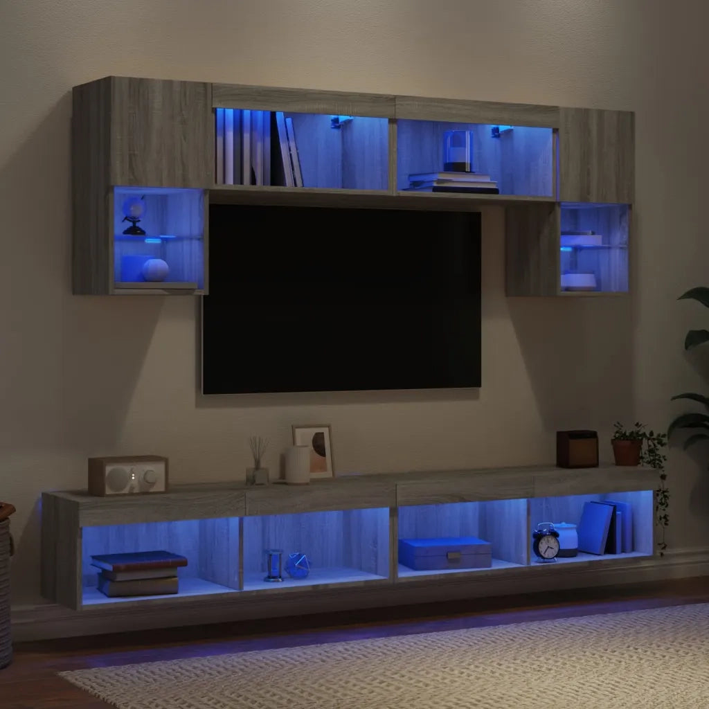 vidaXL Mobili TV a Muro con LED 6pz Grigio Sonoma Legno Multistrato