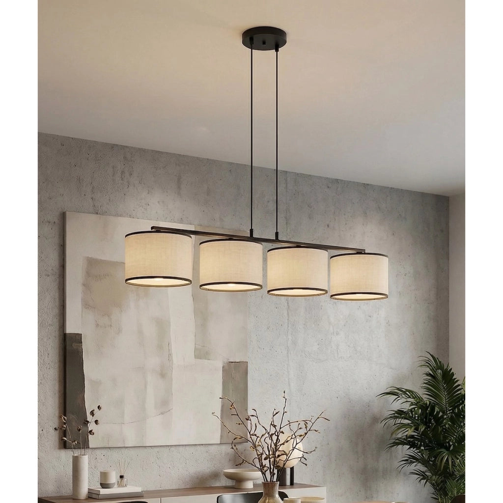 Lampada a sospensione ECO a quattro luci con paralumi in tessuto
