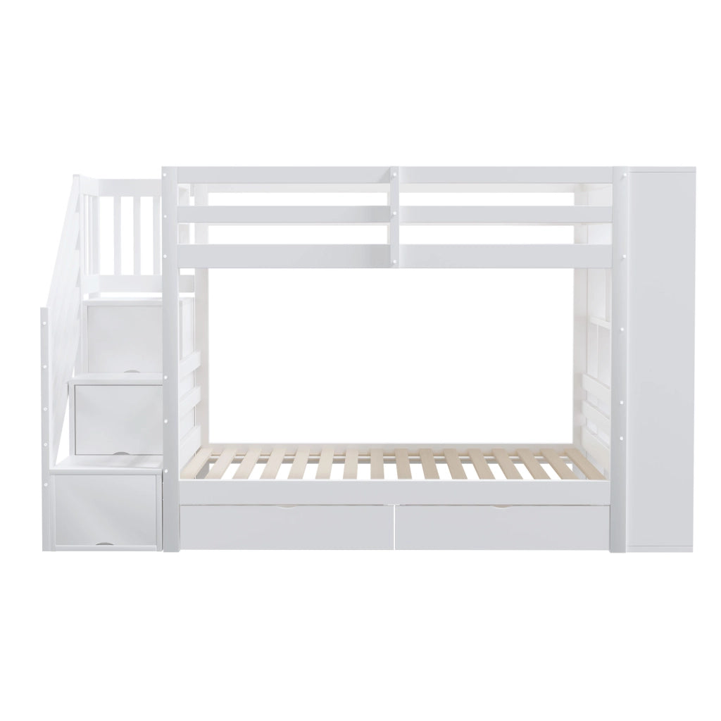 Letto a Castello 90x200 cm con Scale; Cassetti e Scomparti - in Legno - Bianco