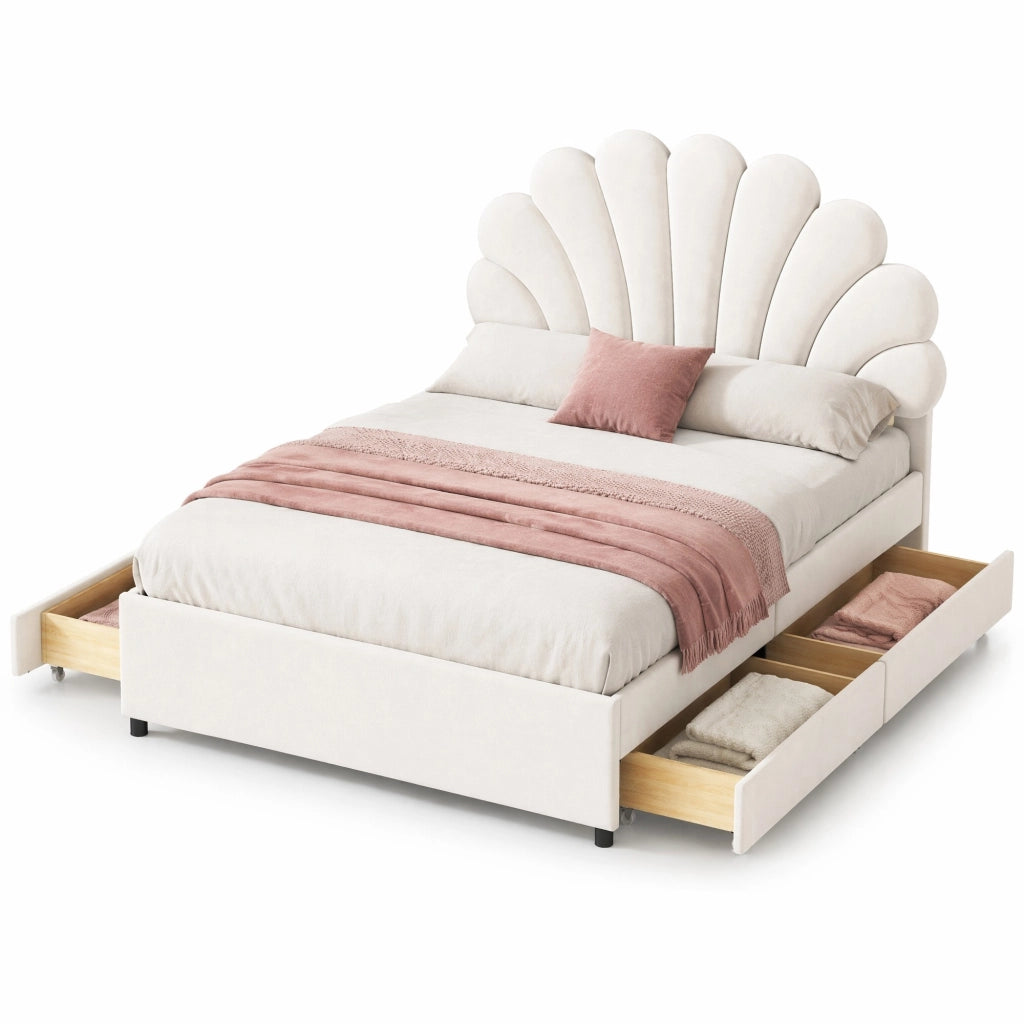 Letto imbottito 140x200 cm con 4 cassetti e rete a doghe; testiera a fiore in velluto beige