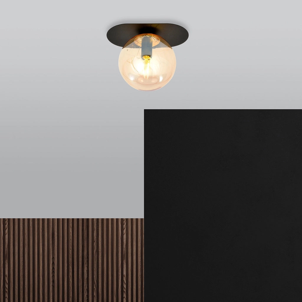 Plafoniera Minimal 1 Luce Teia In Acciaio Nero E Sfera Vetro Ambra