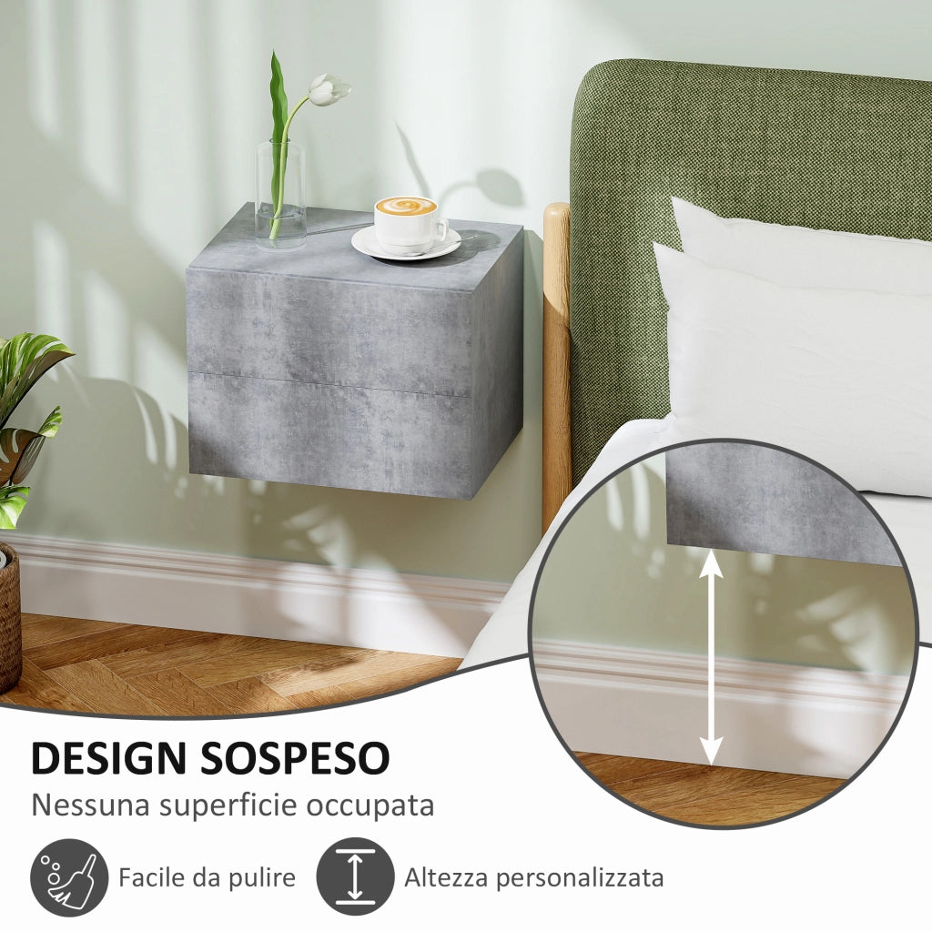 Set di 2 Comodini Sospesi con 2 Cassetti Moderni e Salvaspazio, 40x29x30 cm, Grigio Cemento