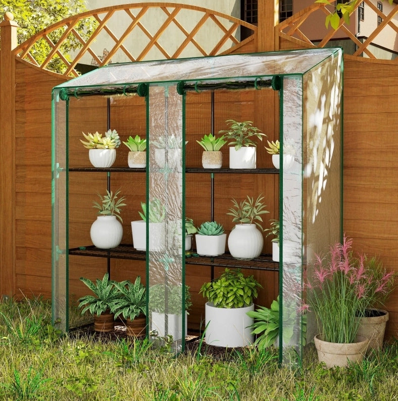 Serra da balcone compatta 3 ripiani con 6 scaffali in filo metallico e copertura in plastica trasparente