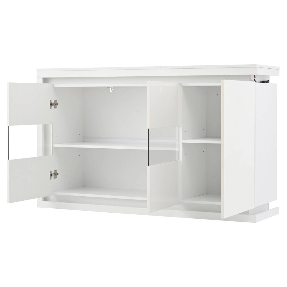 Credenza con LED ¨C MINIMAL ¨C Bianco Lucido, Ante in Vetro Temperato, 140x40x84