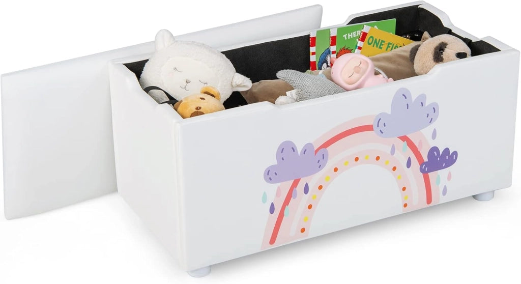 Scatola Portaoggetti con Coperchio Rimovibile, Piedini Regolabili e Maniglie in Tessuto, Scatola Imbottita in MDF PVC, Scatola Giocattolo per Bambini, 75 x 36 x 38, Bianco - Arcobaleno
