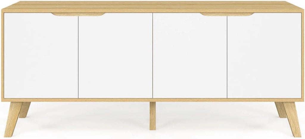 Credenza bassa scandinava 140 cm FINN in legno effetto faggio 4 ante bianche