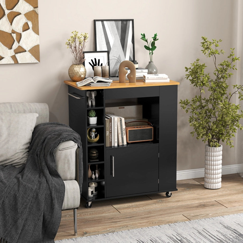 Isola da cucina con ruote e portabottiglie a 6 scomparti piano in bamb¨´, Carrello da cucina 76x44x89cm Nero-Carrelli