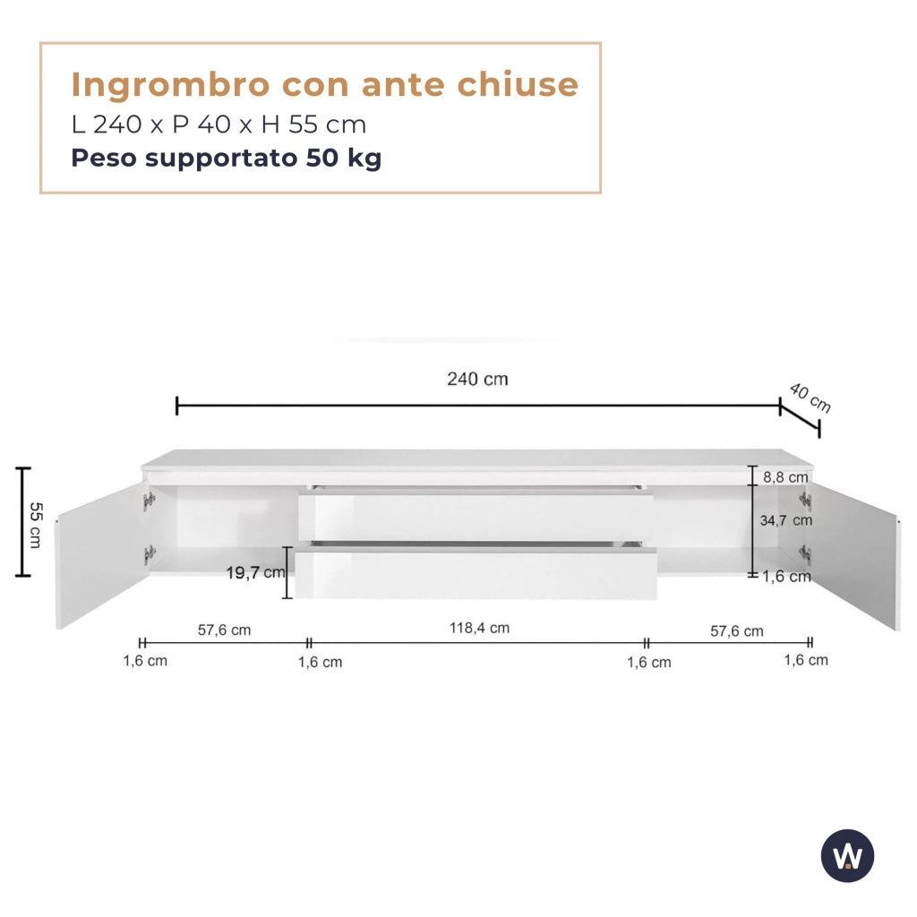 WHOUS Mobile porta tv Magic 2 ante e 2 cassetti centrali bianco lucido 240x40x55 cm