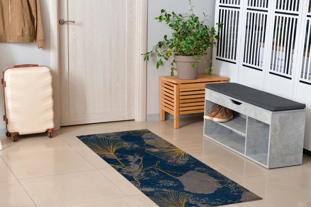 Tappeto Arredo Moderno Morbido in Ciniglia Ingresso Antiscivolo Prodotto Italiano  Soggiorno Camera Salotto Disegni Piazzati Cotone Varie Misure Grande Ginko/Indaco - 65x115 cm