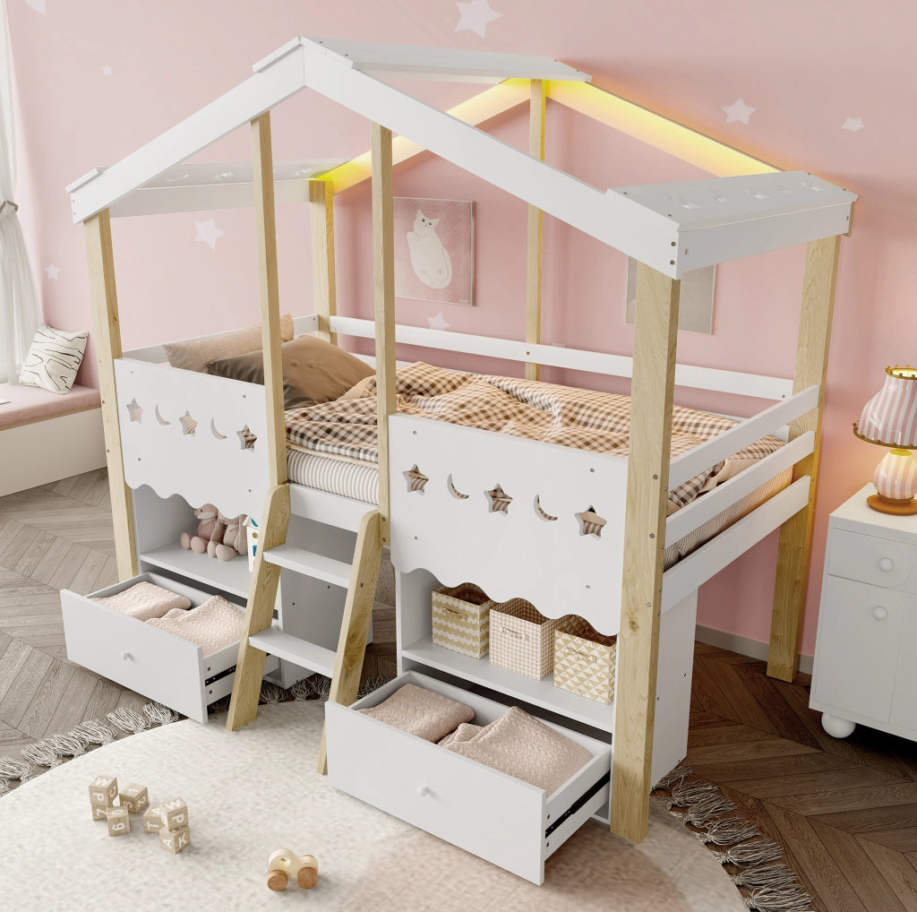 Letto semi-alto per bambini 90x200 cm a casetta con LED