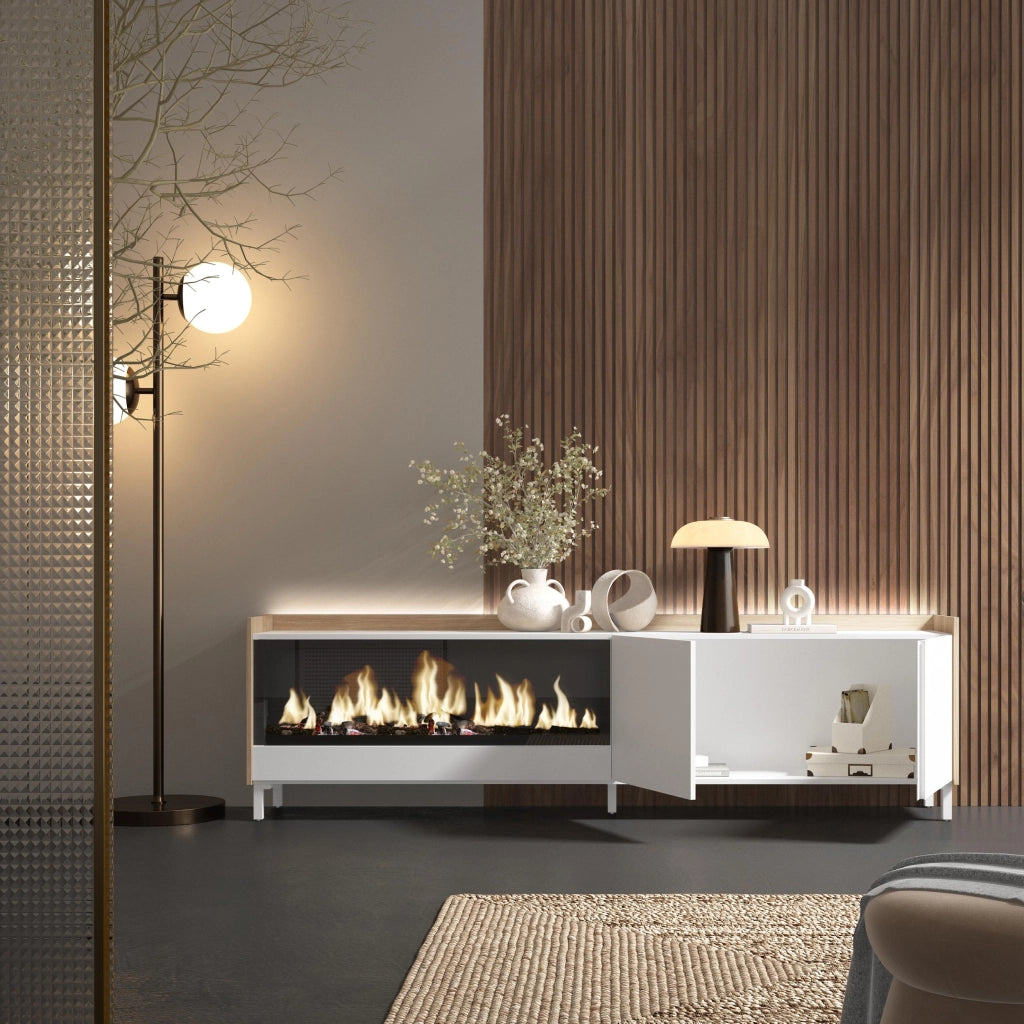 Mobile TV Soggiorno, 212x61x35 cm, Per TV fino a 80", Camino elettrico XXL, Design industriale, LED, Bianco e Rovere soft