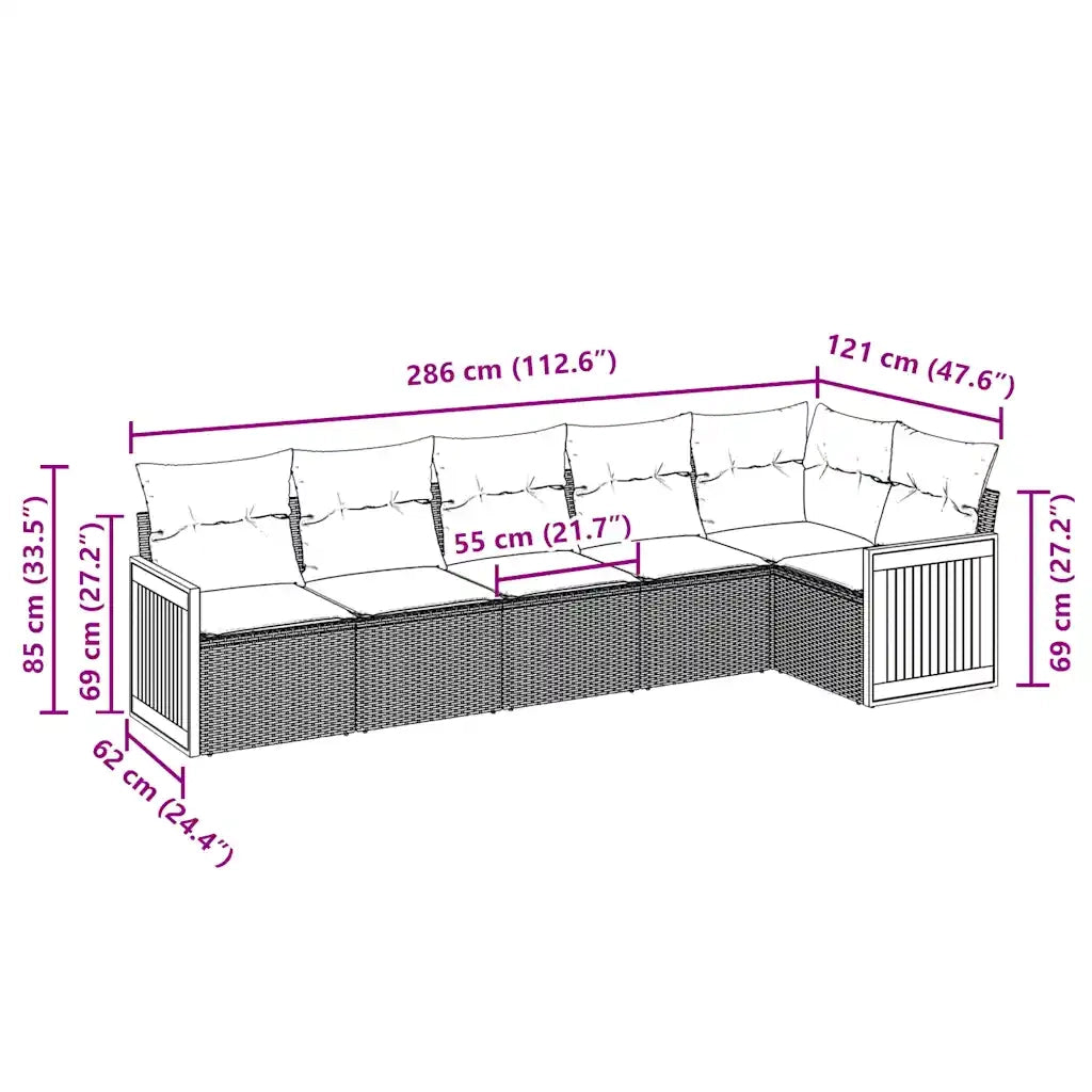 Set Divano da Giardino 6 pz con Cuscini Nero in Polyrattan 3260068