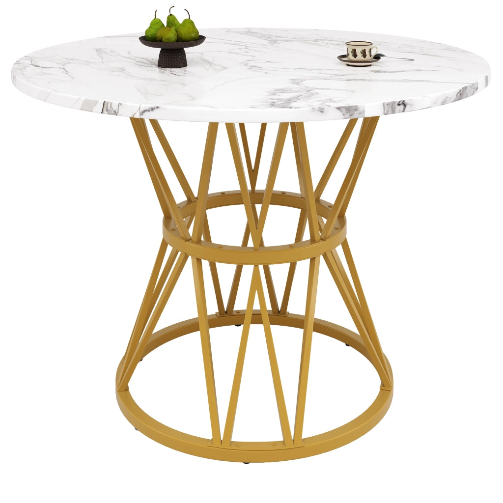 Tavolo da pranzo per 4 persone con piedi regolabili e piano rotondo in MDF effetto marmo oro 100 × 100 × 76 cm