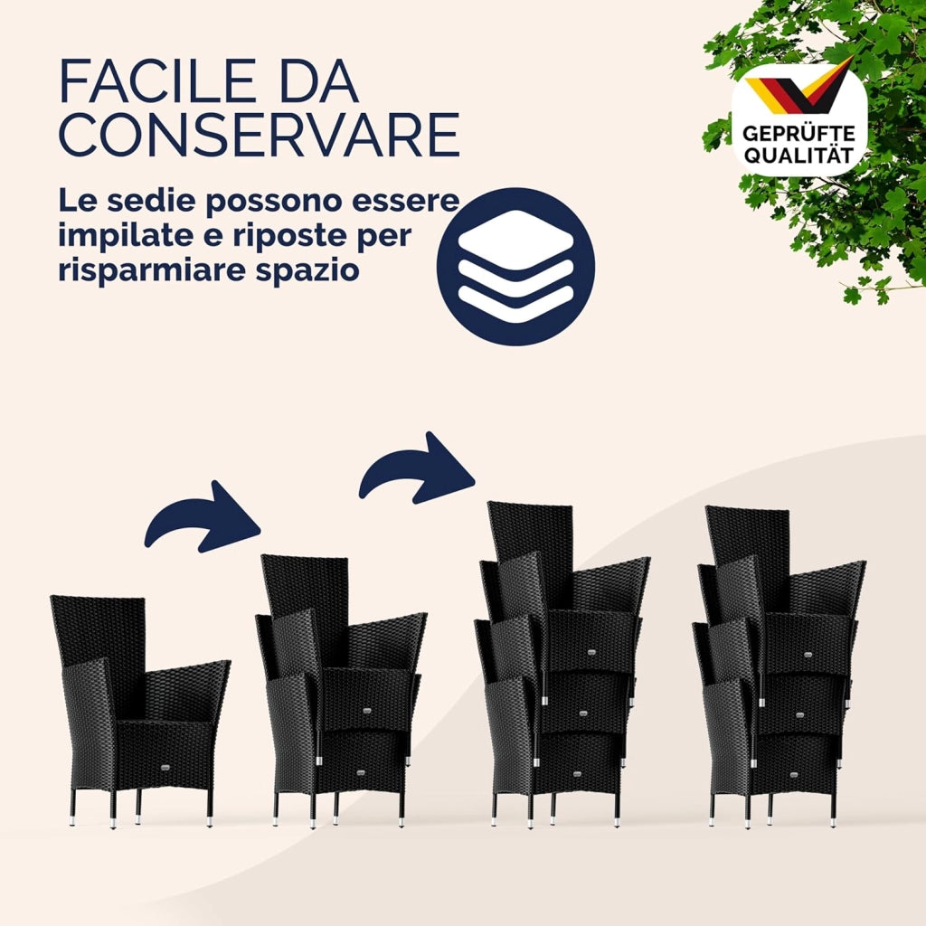 ® Set Mobili da Pranzo da Giardino in Polyrattan 6 Sedie Impilabili Tavolo 150x90cm in WPC Legno Resistente da Terrazza Esterno Nero
