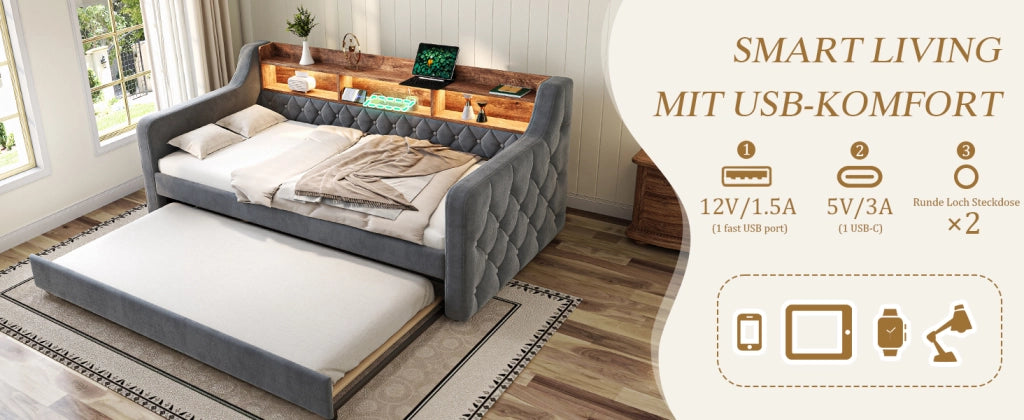 DESMIU Divano letto 90 × 190 cm 2 posti con vano, USB Type-C e LED regolabile, senza materasso, in velluto grigio scuro