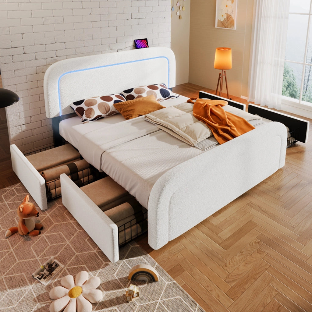 OKWISH Letto con Cassetti 140×200 cm, Letto Matrimoniale con USB, Type-C, LED Regolabile e 4 Cassetti, senza Materasso, in Sherpa, Bianco