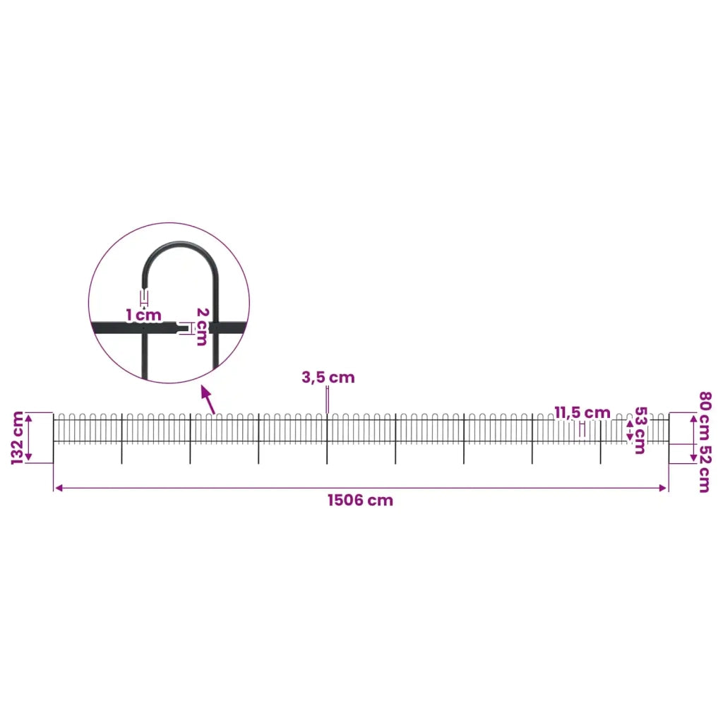 Recinzione da Giardino con Parte Superiore ad Anello in Acciaio 1506x80 cm Nero 277655