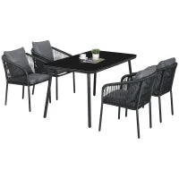Set da Giardino per 4 Persone in Rattan PE con Sedie Impilabili e Cuscini, Piano in Vetro Temperato, Struttura in Alluminio, Grigio