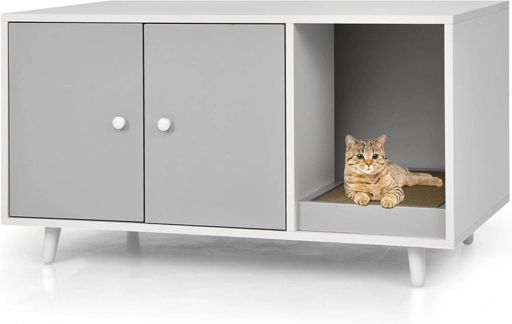 Mobile per Lettiera per Gatti 90 x 50 x 50 cm, Cassetta Igienica per Gatti con Doppia Anta, Divisore, Ingresso Avvolgibile, Tiragraffi e Gambe di Metallo Solido (Grigio)