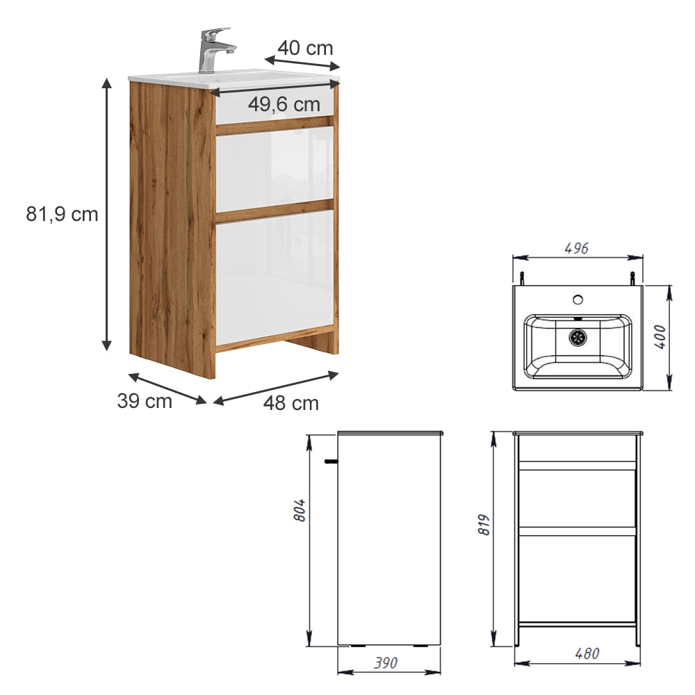 Vicco Set mobili bagno Quercia dorata 2 parti, con lavabo e 2 cassetti
