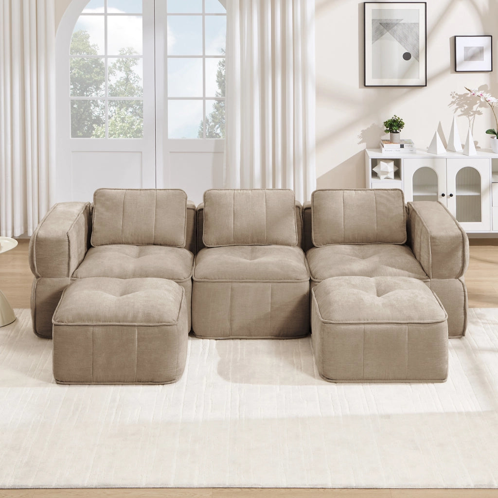 Divano modulare a U 3 posti con seduta profonda e pouf senza struttura in poliestere sabbia 271 × 162 × 67 cm