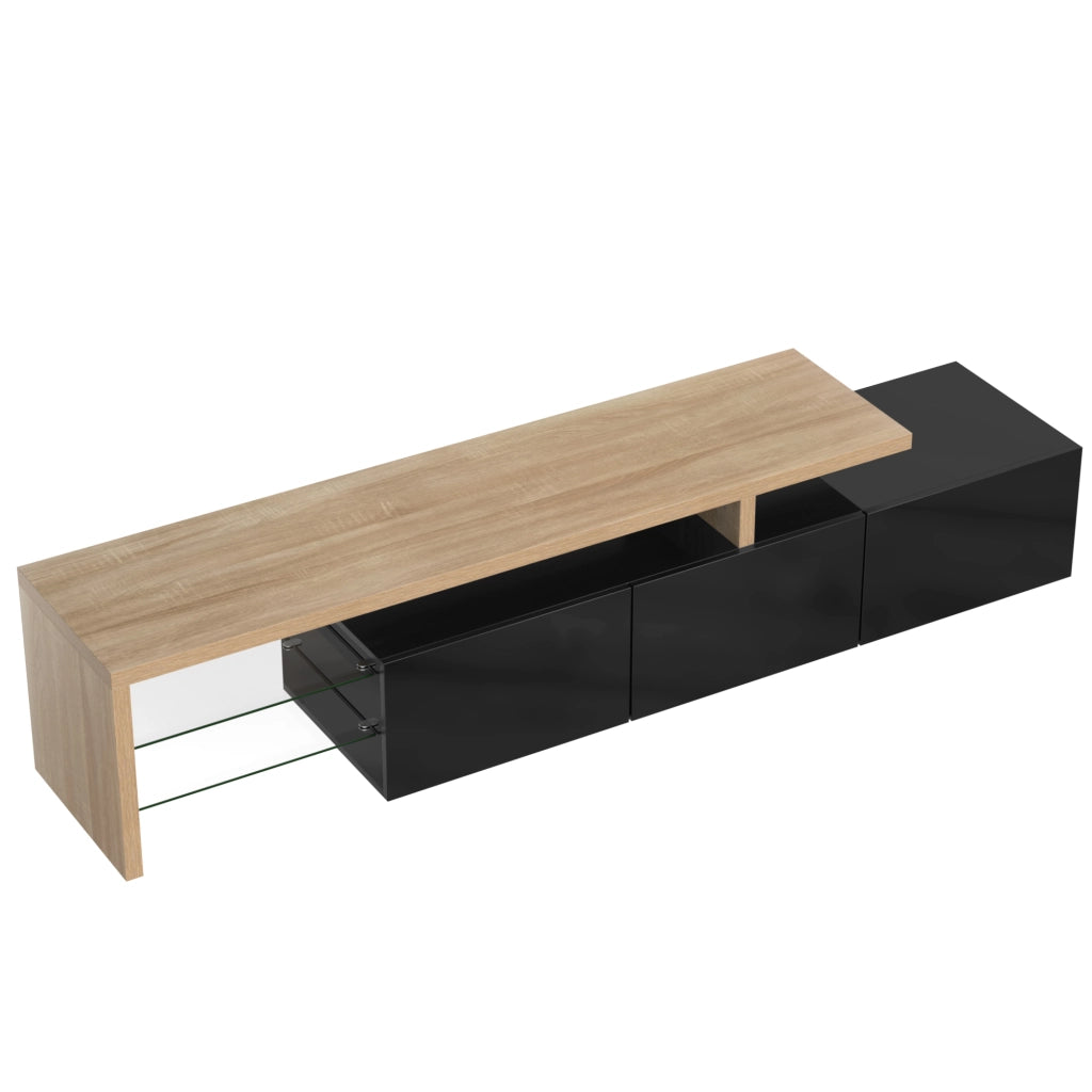 Mobile porta televisore moderno nero lucido e legno con 3 vani, ripiani in vetro e illuminazione