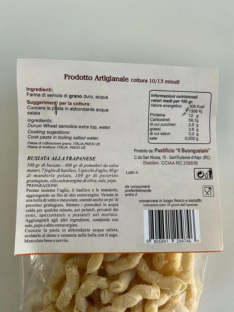 Pasta di semola di grano duro trafilata al bronzo, 12 confezioni da gr 500,  Busiata Trapanese