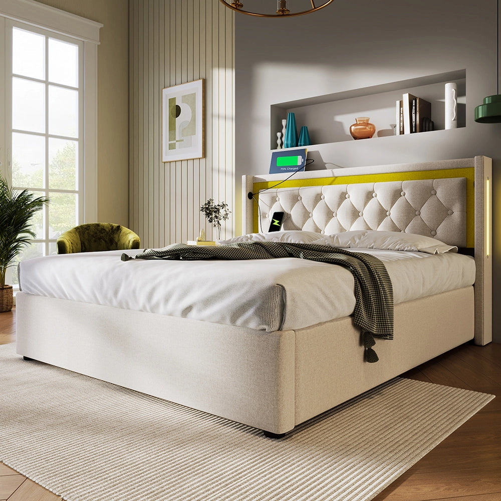 Letto con contenitore LED USB - Xylo - 140x200 cm - Beige - Testiera con USB-C