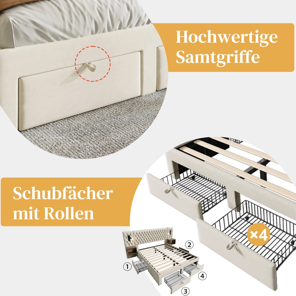 Letto matrimoniale 180x200 cm beige con comodini e luci USB