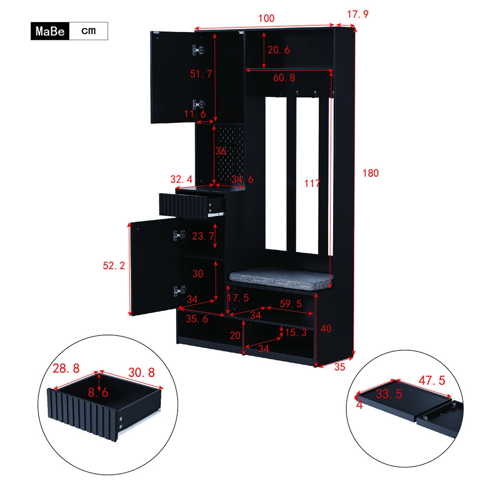 Armadio d'ingresso con panca - Xylo - 100??180??35 cm - Nero - 4 ganci, porte e cassetti