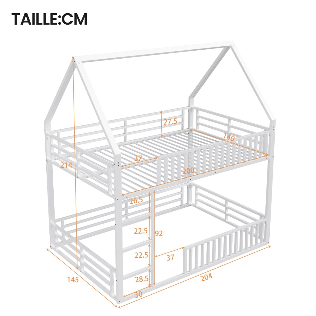 Letto a Castello 140x200 cm; 2 Posti; con LED e Parapetto a Staccionata; in Metallo; Bianco