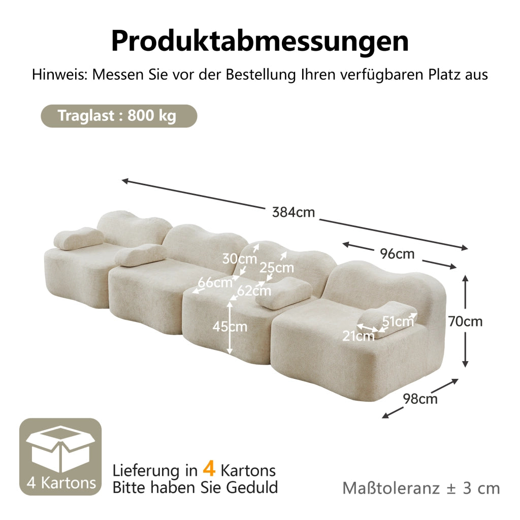 Divano modulare senza braccioli a 4 posti in velluto Beige, seduta profonda e struttura modulare